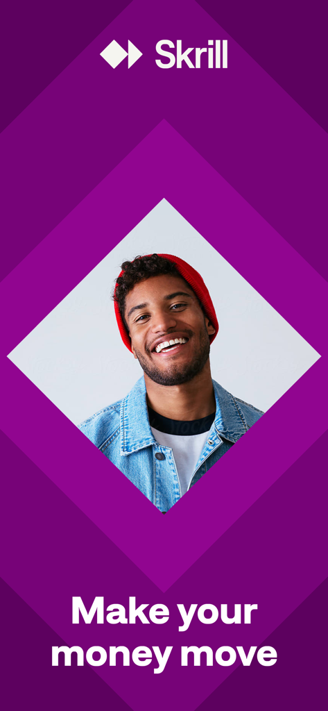 Écran promotionnel de l'application Skrill présentant un homme souriant et le slogan « Faites fructifier votre argent ».