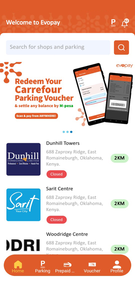 Evopay Africa - 駐車検索とM-pesa支払いバナーを表示するEvopay Africaモバイルアプリのインターフェース