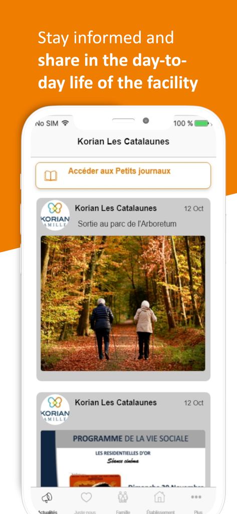 Interface do aplicativo Korian Family exibindo um feed de atividades diárias e fotos de uma instalação de cuidados para idosos.