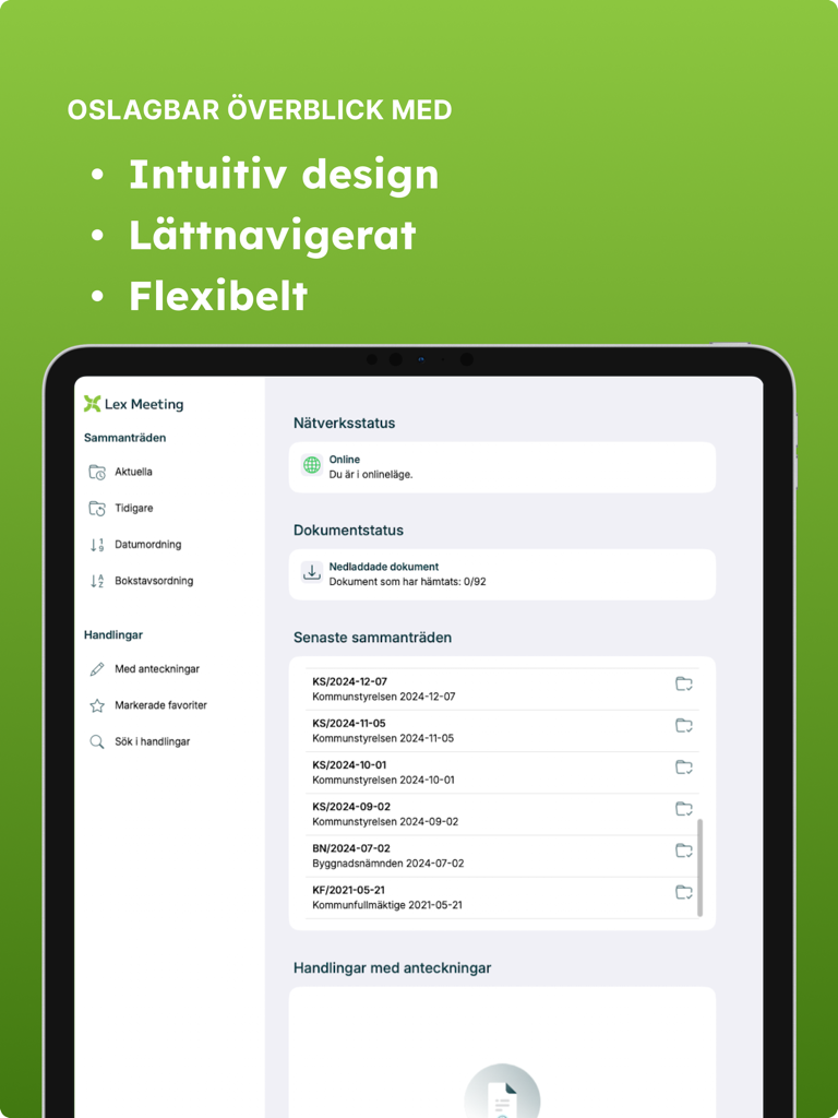 Interfaz de Nya Lexmeeting en iPad que muestra el panel de reuniones y el menú de navegación.
