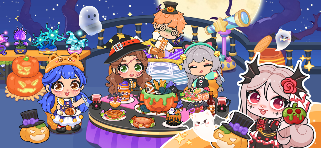 Avatares chibi con disfraces de Halloween disfrutando de una espeluznante cena en un balcón iluminado por la luna