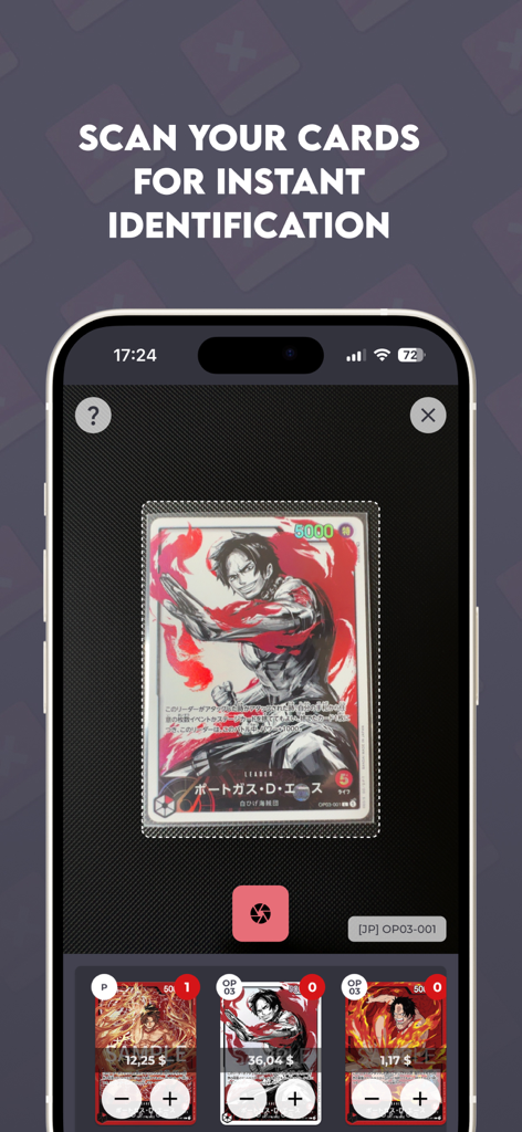 OP.TCG - OP.TCG app interface showing the AI card scanner identifying a One Piece trading card with market prices
