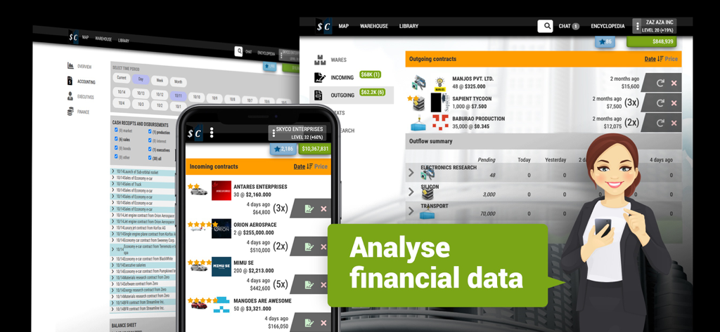 Sim Companies business simulation interface showing financial data and business contracts on mobile and desktop