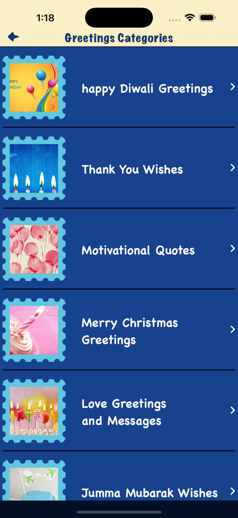 A menu of digital greeting card categories including Happy Diwali, Thank You Wishes, and Merry Christmas Greetings.
