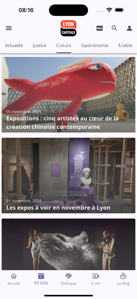 LYONCAPITALE NEWS - Interface of the Lyon Capitale news app showing the culture section with articles on local exhibitions in Lyon.