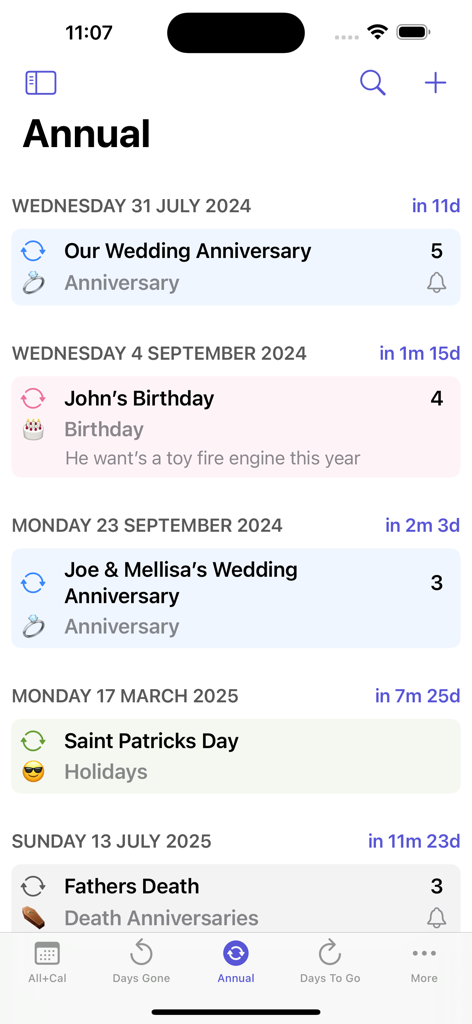 days - A list of recurring annual events such as birthdays and anniversaries with countdowns in the days app.