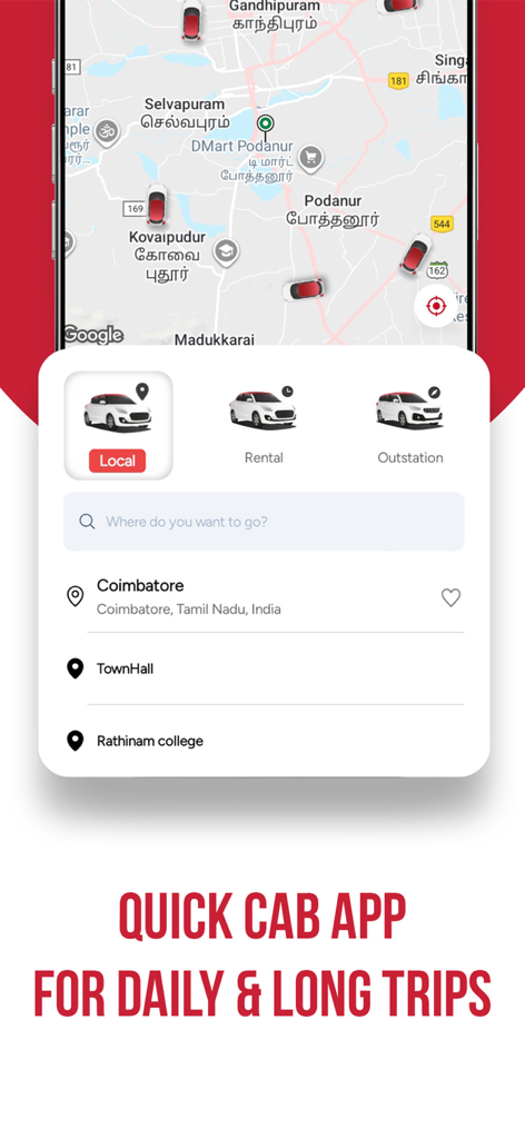 Red Taxi - Cab Booking App - Red Taxi Mobile App-Oberfläche mit Optionen für lokale und Fern-Taxi-Buchungen auf einer Karte von Coimbatore