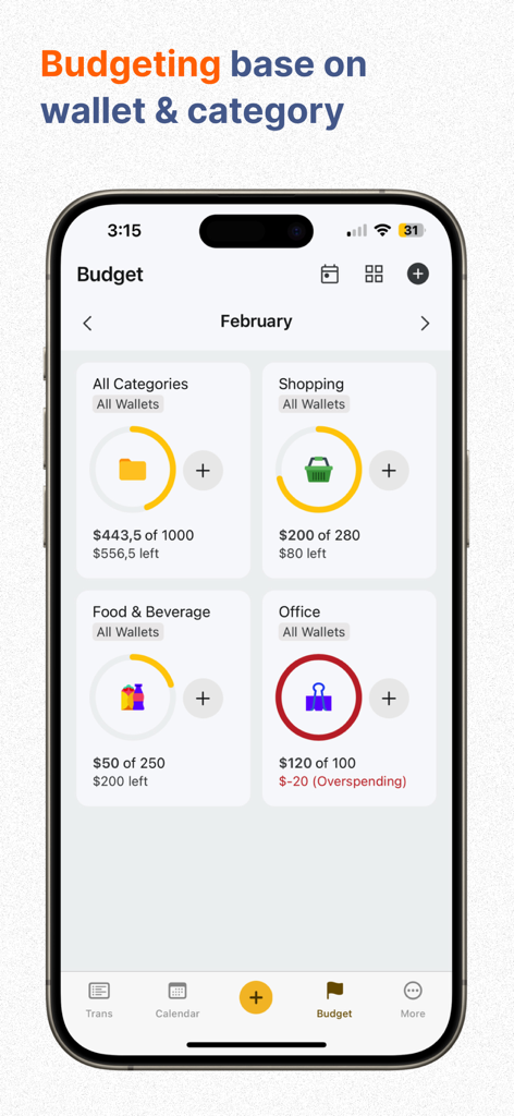 Pantalla de presupuesto de la aplicación Money Tracker que muestra categorías de gastos mensuales con anillos de progreso visuales y estado de gastos