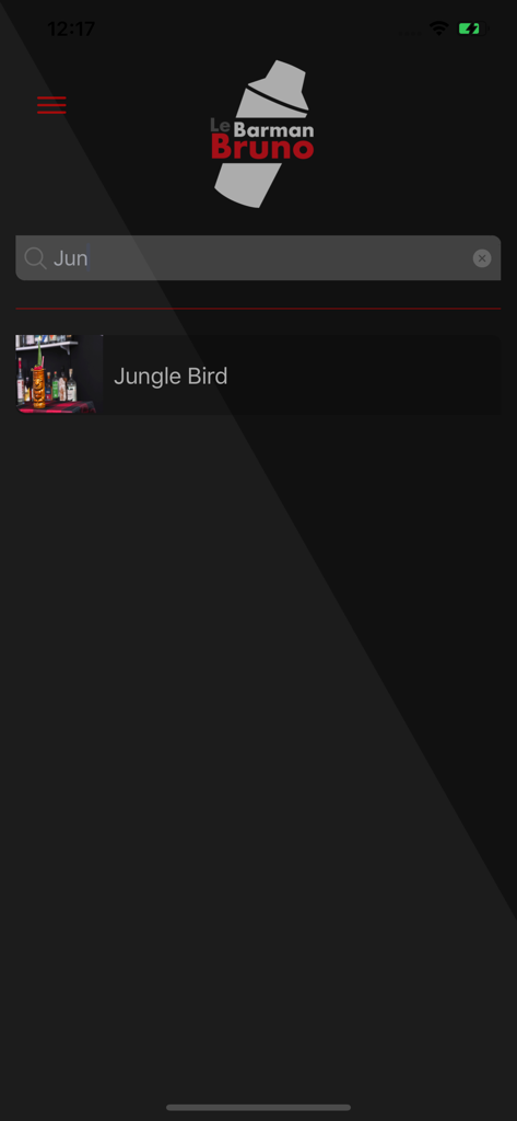 Le Barman Bruno - Search interface of the Le Barman Bruno app showing a result for a Jungle Bird cocktail recipe