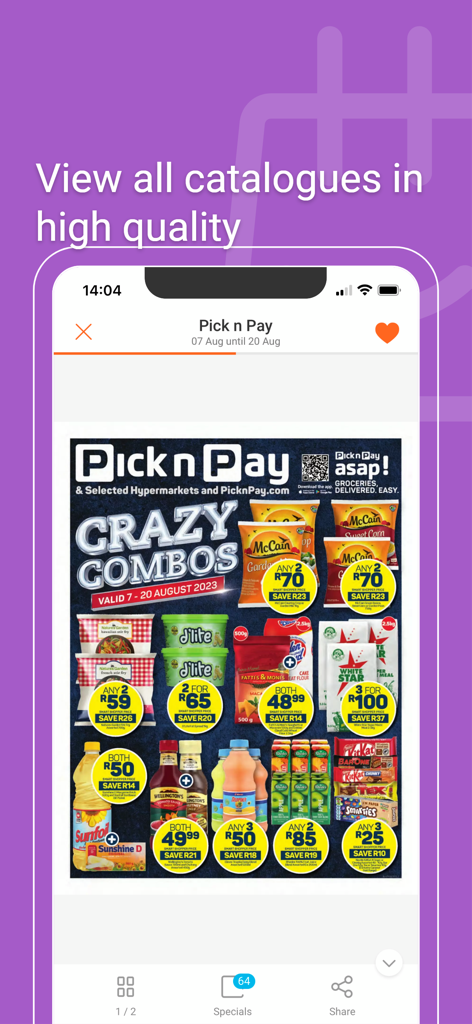 Mobile App-Oberfläche, die einen hochwertigen digitalen Katalog mit Lebensmittelangeboten zeigt