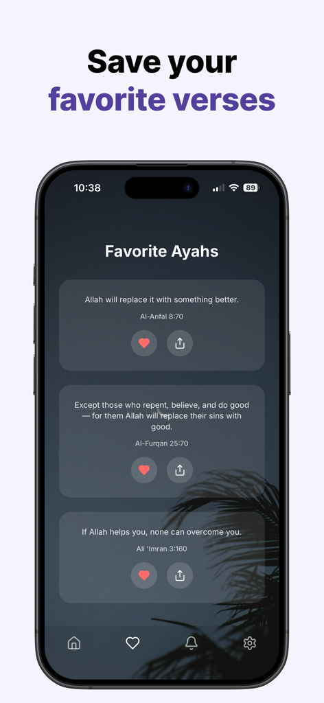 Qurana: Verse of the Day - Una pantalla de smartphone que muestra una colección de aleyas coránicas favoritas en la aplicación Qurana.