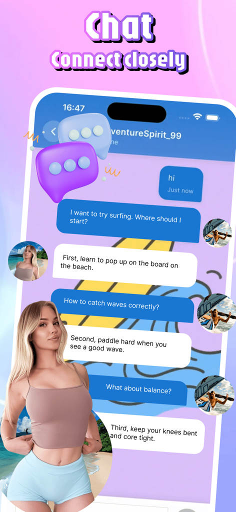 Tiso app chat interface showing a conversation between two users about surfing tips and outdoor sports connection