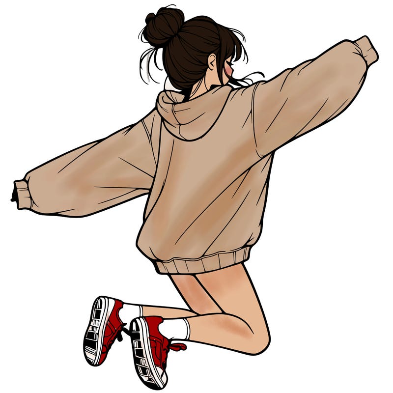 realistic girl jumping with a bun and oversized sweatshirt