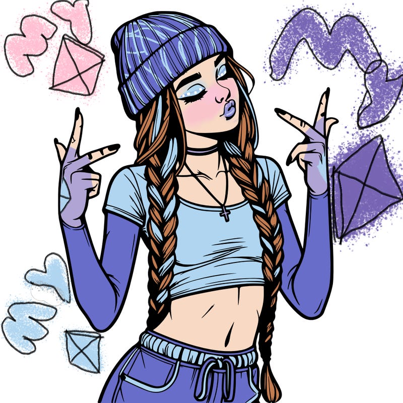 realistic teenage girl with braids and a beanie and crop top doing 🫶🏼