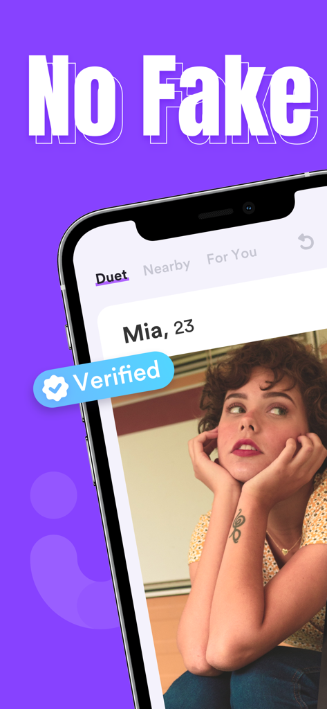 A verified user profile on the Duet dating app showing a No Fake badge