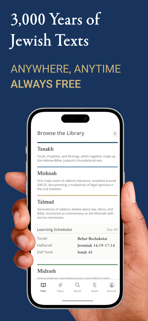 Sefaria: Jewish Texts Library - Écran d'accueil de l'application Sefaria affichant la bibliothèque de textes juifs sur un smartphone