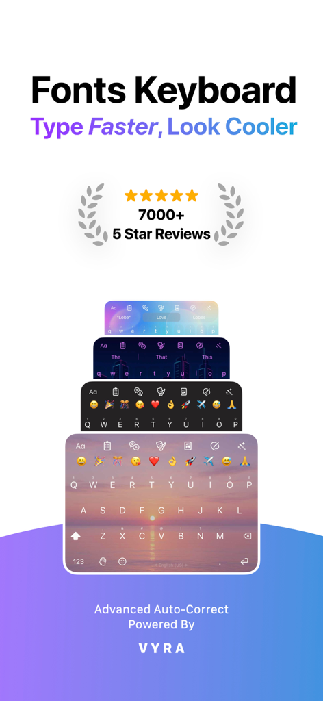 Fonts Keyboard AI app marketing screen showcasing various stylish keyboard themes and high user ratings