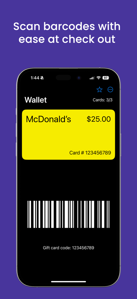 Aplicativo de carteira de cartões-presente digital exibindo um código de barras para fácil escaneamento no checkout