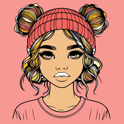 realistic girl with buns in her hair with a beanie on