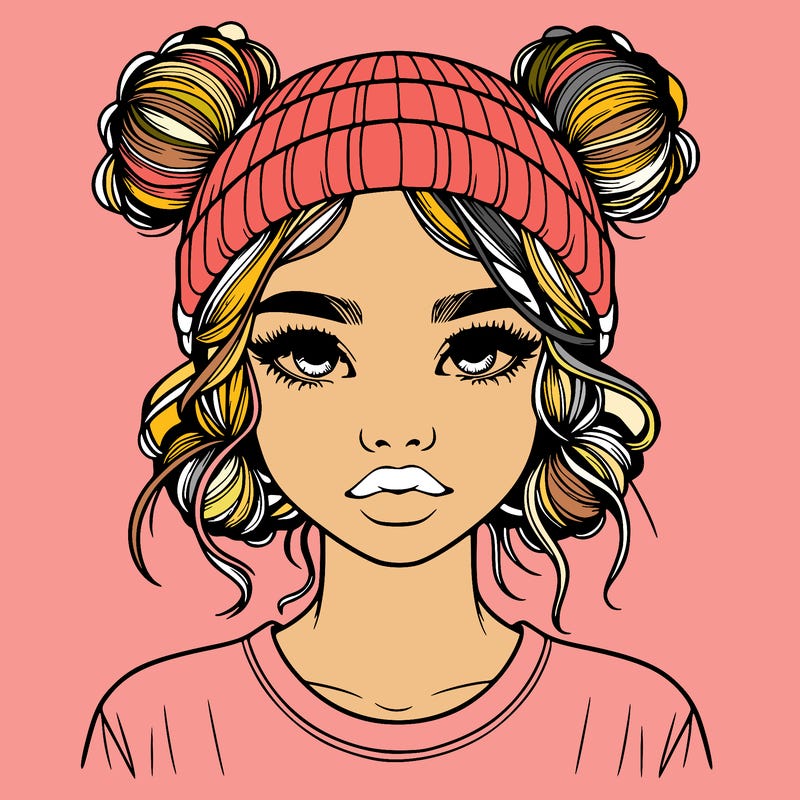 realistic girl with buns in her hair with a beanie on