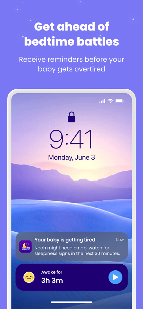 Happy Baby - Sleep & Tracker - iPhone lock screen displaying a sleep reminder notification from the Happy Baby app alerting that the baby is getting tired.