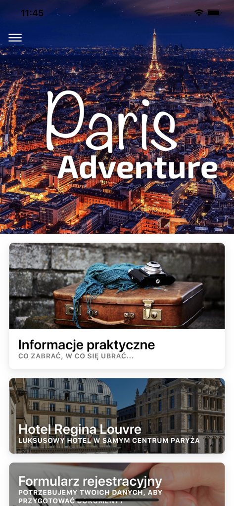 BCD Travel Poland - Interfaz de la aplicación móvil BCD Travel Poland para un itinerario de evento corporativo en París que muestra detalles del hotel y secciones de registro