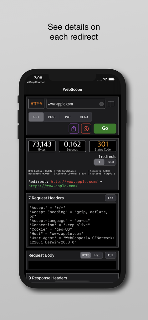 WebScope app interface showing HTTP redirect analysis and request headers for a website