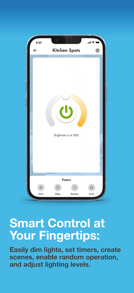 BG Smart - Interfaz de la aplicación BG Smart que muestra el control de brillo de la iluminación de la cocina y la configuración del temporizador.