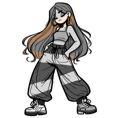 girl in baggy pants crop top and long hair
