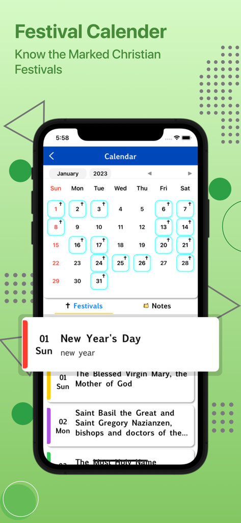 New King James Version - NKJV - Christian festival calendar screen in the NKJV Bible app showing religious holidays and event details