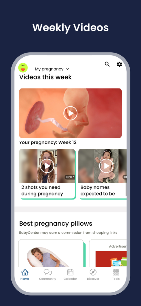 Interfaz de la aplicación BabyCenter que muestra videos semanales de desarrollo 3D del feto y consejos de salud para el embarazo.