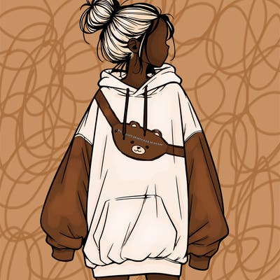realistic girl with a oversized sweatshirt on and a bun