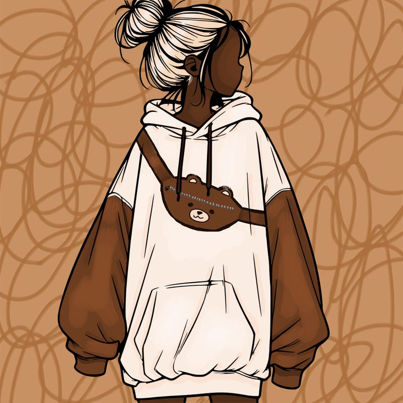 realistic girl with a oversized sweatshirt on and a bun
