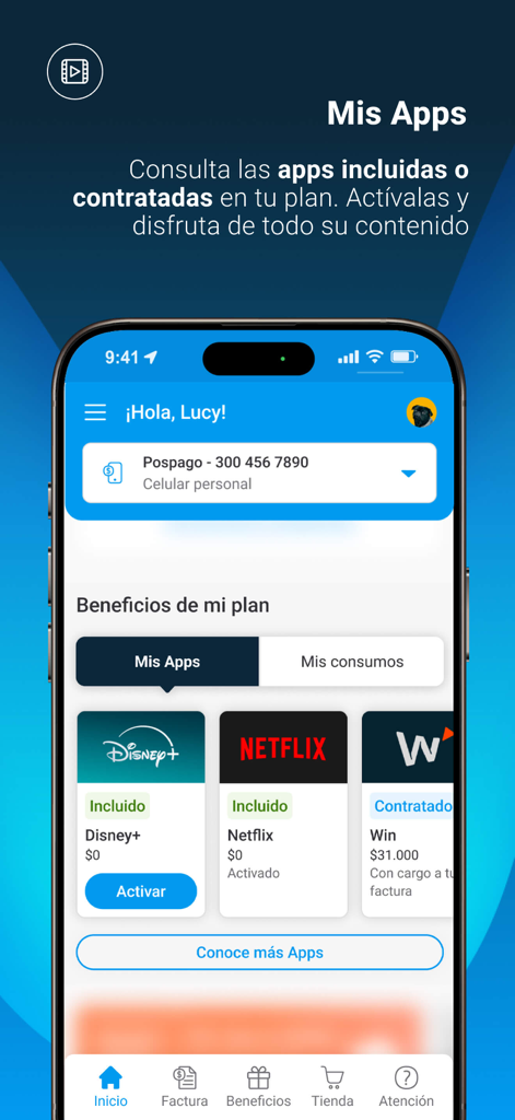 Interfaz de la aplicación Mi Movistar Colombia que muestra servicios de streaming incluidos como Disney y Netflix para usuarios de pospago.