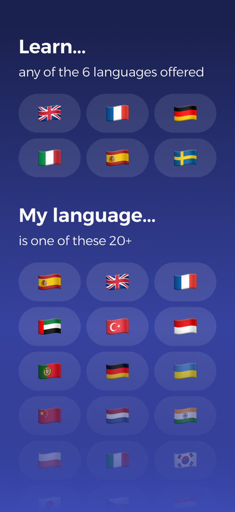 Lingoal: Languages with media - Un écran montrant les langues disponibles à apprendre et les langues natives prises en charge dans l'application Lingoal à l'aide d'icônes de drapeaux.