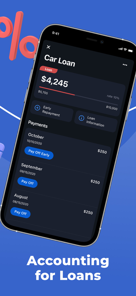 Saldo app screen displaying car loan balance and monthly payment history.