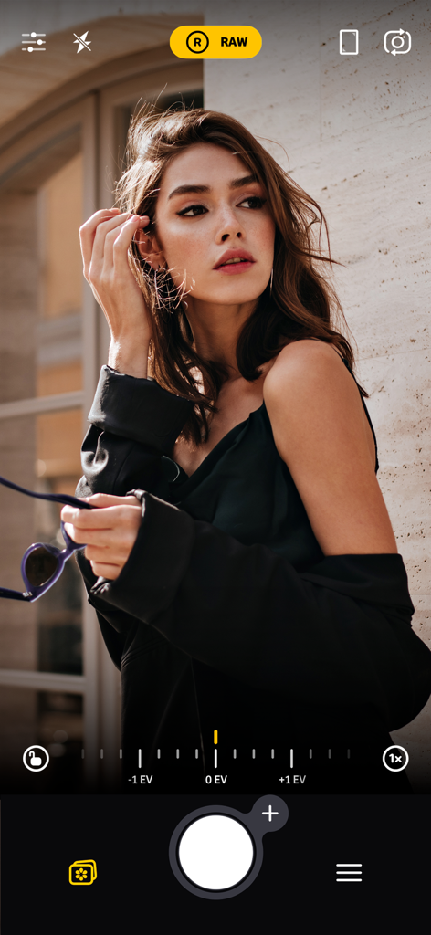 Camera plus app interface showing manual RAW mode and exposure controls for portrait photography