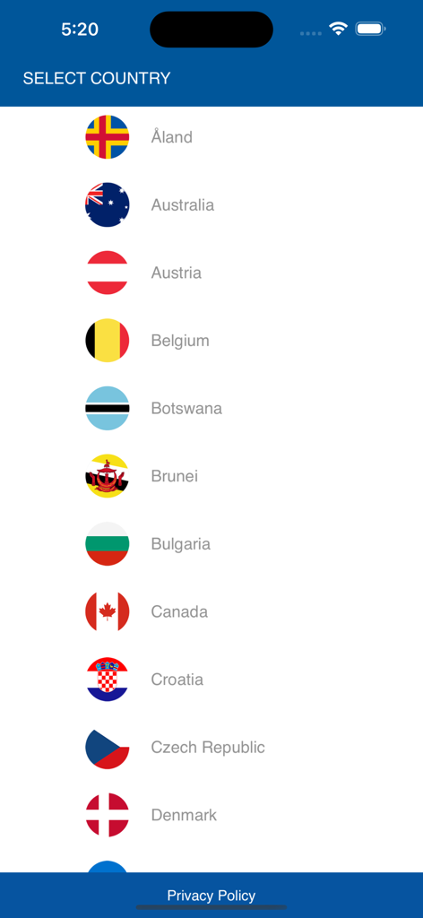 Der Bildschirm zur Länderauswahl der N21Mobile-App mit einer vertikalen Liste von Ländern und ihren jeweiligen Nationalflaggen zur Auswahl durch den Benutzer