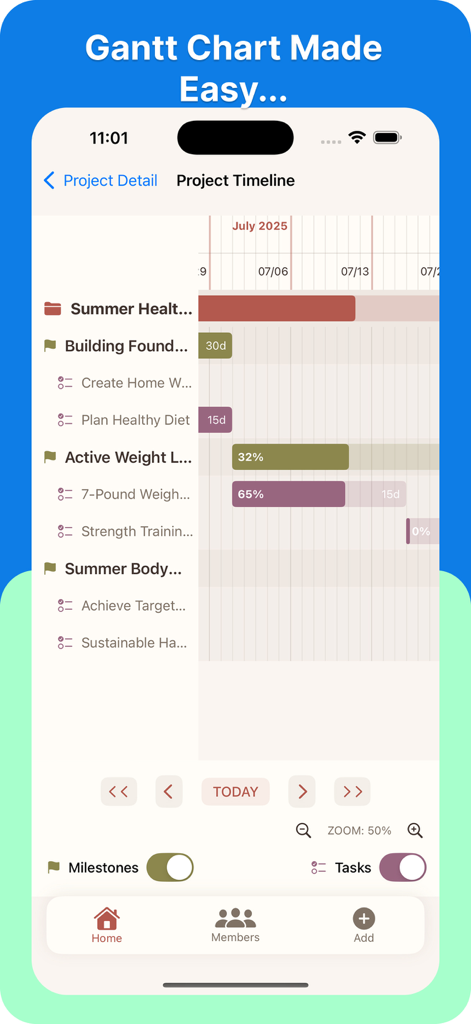 Project RoadMap - Oberfläche der Project RoadMap App, die ein visuelles Gantt-Diagramm mit Meilensteinen und Aufgabenfortschrittsbalken anzeigt.