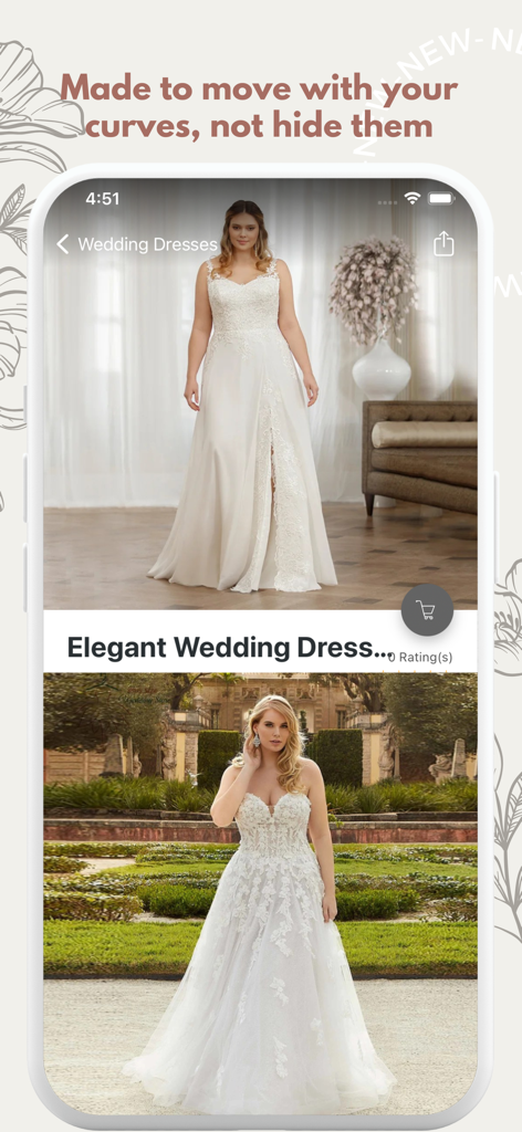 Plus Size Wedding Dress Shop - Screenshot der Brautkleider-Shop-App in Übergrößen mit eleganten Brautkleidern und einer Body-Positivity-Überschrift.