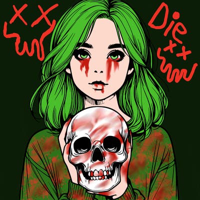 realistic girl holding a skull