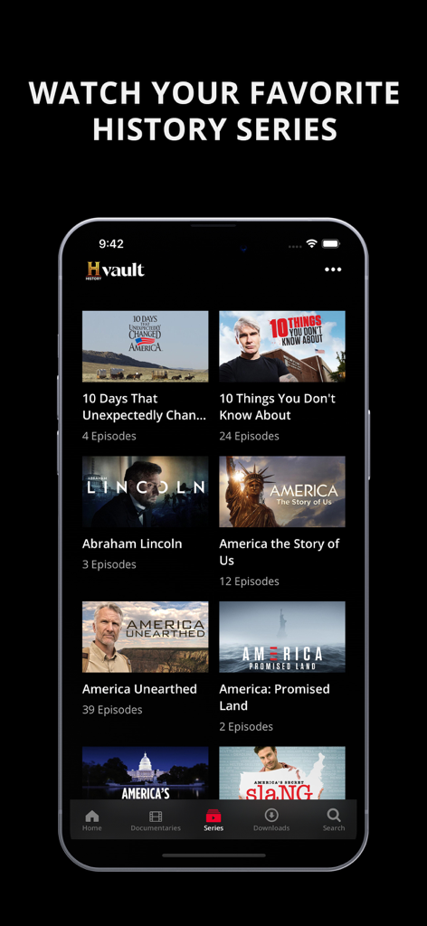 HISTORY Vault - Pantalla de la aplicación móvil HISTORY Vault que muestra un catálogo de series y documentales históricos