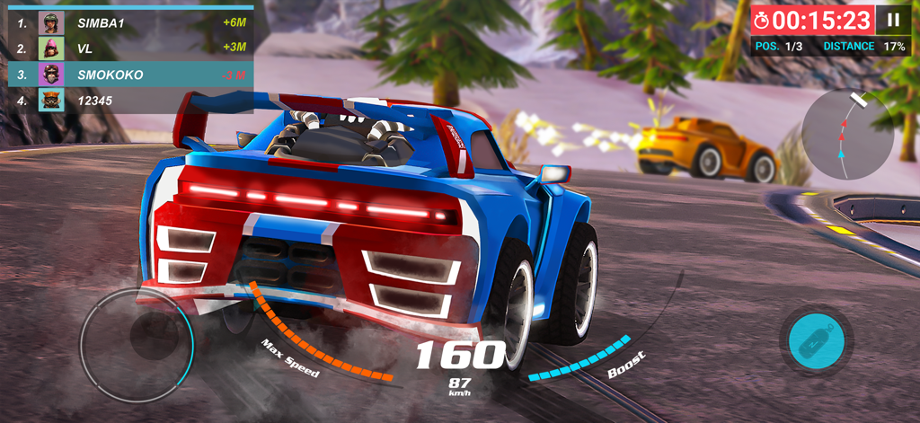 Max Speed: 3D Stunt Race - A blue sports car drifting on a snowy mountain track in Max Speed 3D Stunt Race.