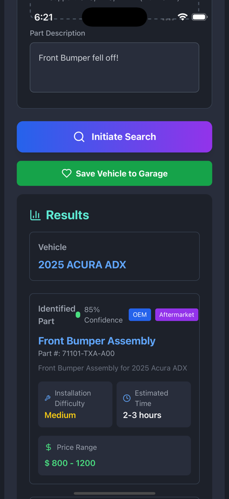 Mobile screen of PartSpotter app showing search results for a front bumper assembly including price range and installation difficulty