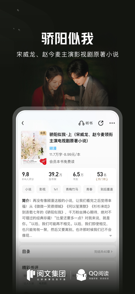 QQ阅读 - Vue détaillée d'un roman d'amour chinois dans l'application mobile QQ Reader montrant les notes et les tags de genre
