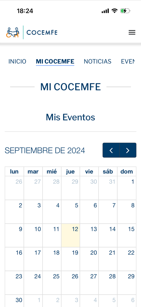 COCEMFE App - COCEMFE app My Events section displaying a monthly calendar for September 2024.
