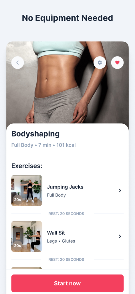 WeBurn: Home Workout for Women - Pantalla de la aplicación WeBurn que muestra un entrenamiento de 7 minutos para dar forma al cuerpo, de cuerpo completo, sin necesidad de equipo.