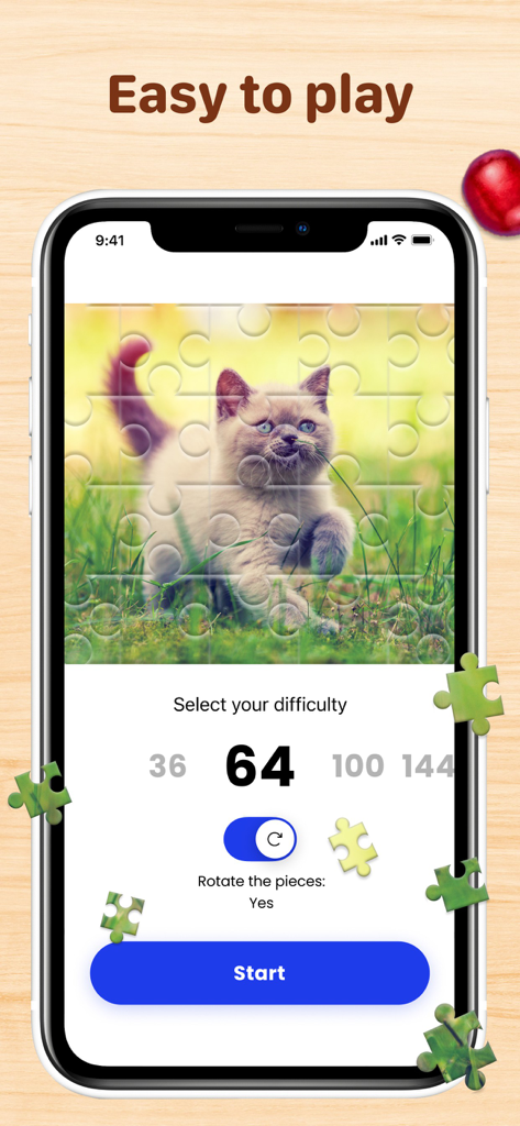 Difficulty selection screen for a kitten jigsaw puzzle in the Jigsaw-Puzzle Pop app.