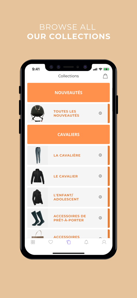 Ohlala Sellerie - L'application Ohlala Sellerie montrant des catégories pour les vêtements d'équitation et le matériel d'équitation.
