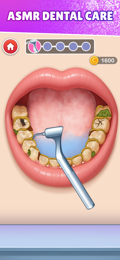 ASMR Salon: Skincare & Makeup - Uma sessão de limpeza dental no aplicativo ASMR Salon mostrando dentes sendo tratados com uma ferramenta médica